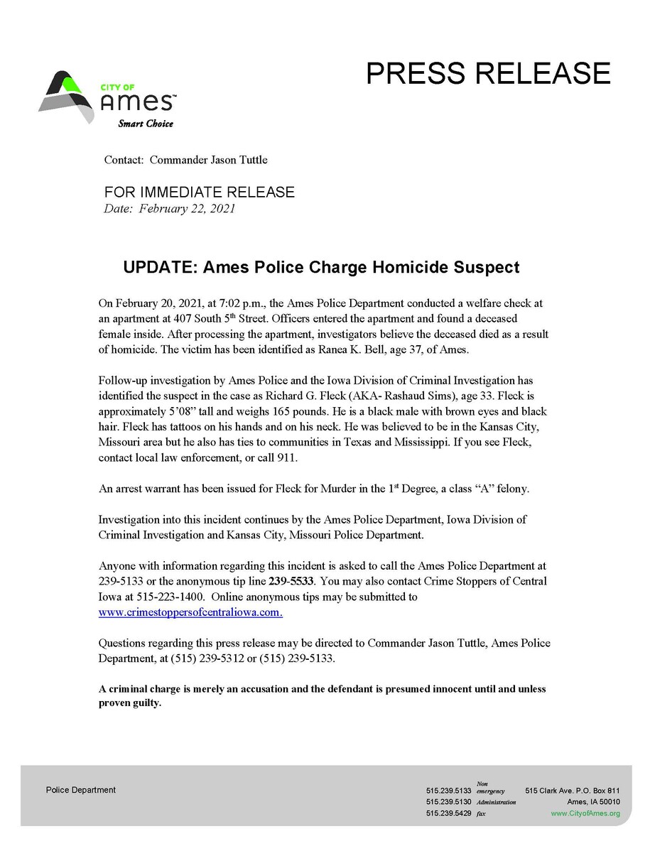 FirstDegree Murder Arrest Warrant For Ames Homicide Suspect Richard